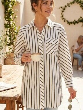 Imperial Striped Button-Up Tunic Top in Cream Black & Gold Sz M